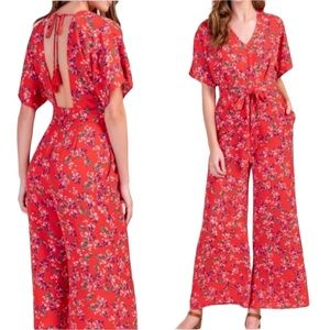 Francesca’s Miami Pilar Open Back Wide Leg Jumpsuit Romper Red S